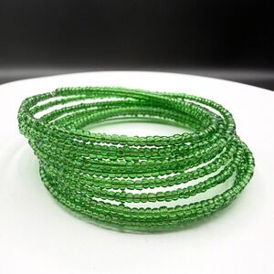 Green Glass Seed Bead Memory Wire Wrap Bracelet Multi Strand Boho Festival Y2K